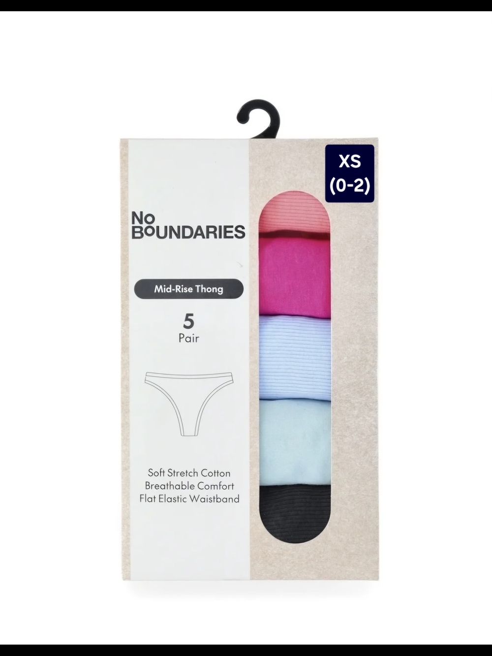 No Boundaries 5-Pack Mid-Rise Thongs - Pink, Light Blue, Blue, Black